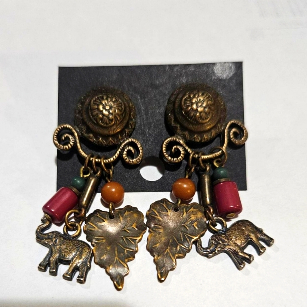 Vintage 90s Bronze Beaded Ealphant And Leaf Nature Earthy Bohemian Earrings